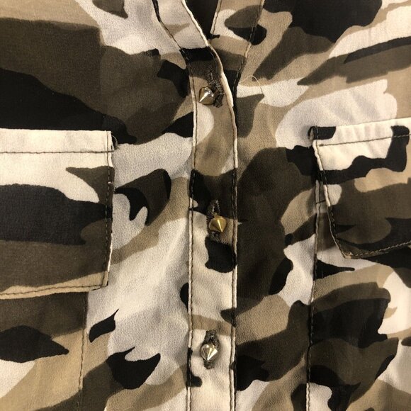 Speed Limit Black Brown Camouflage Blouse  Sliver Stud Buttons Size Large - Picture 9 of 9